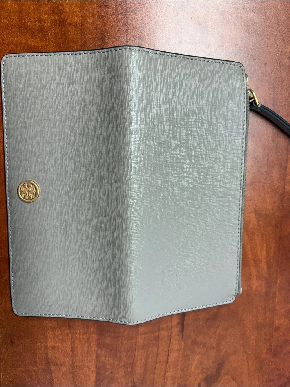 Tory Burch Gray Zip Wallet with Gold Logo